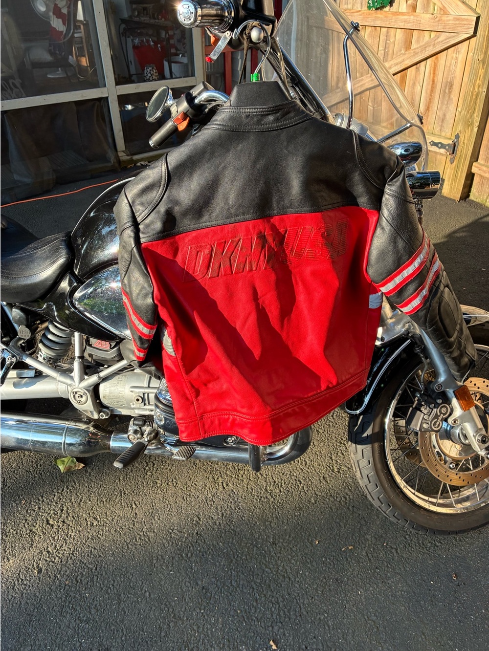 DKNY Red and Black Leather Bomber Jacket with Stripe Details